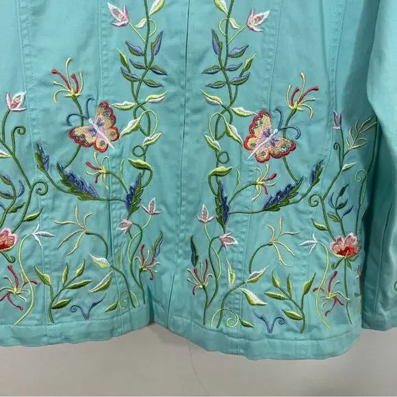 Quacker Factory Embroidered Mandarin Collar Stretch Jacket Turquoise Aqua Size M - Picture 4 of 14